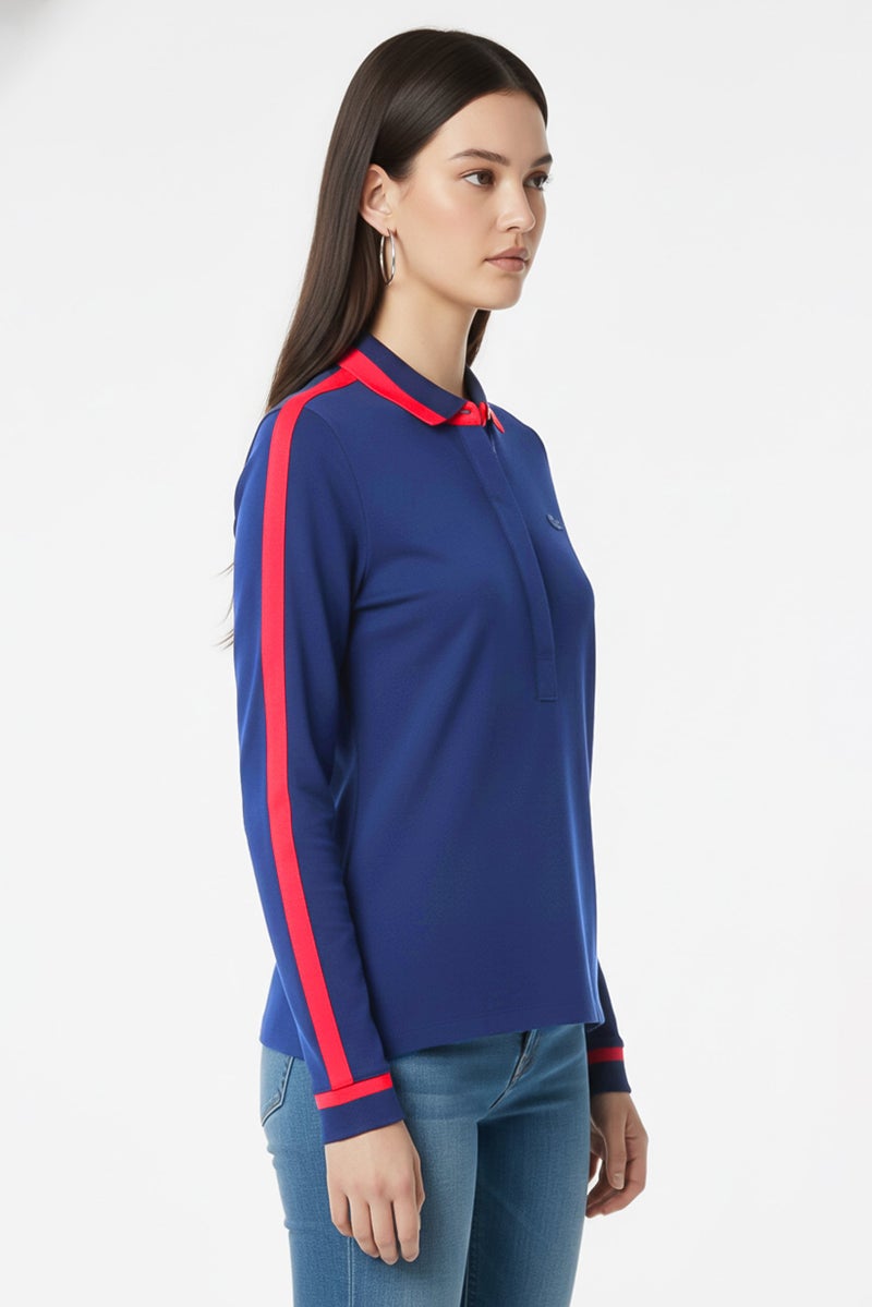 LACOSTE Women Spread Collar Embroidered Logo Long Sleeves Polo Shirts, Navy - Image 3